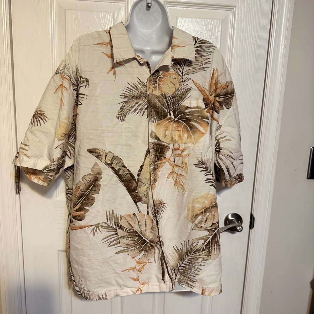 Paradise Shores Mens XL Tropical Palm Leaf Cotton Rayon Button Down Shirt Tan